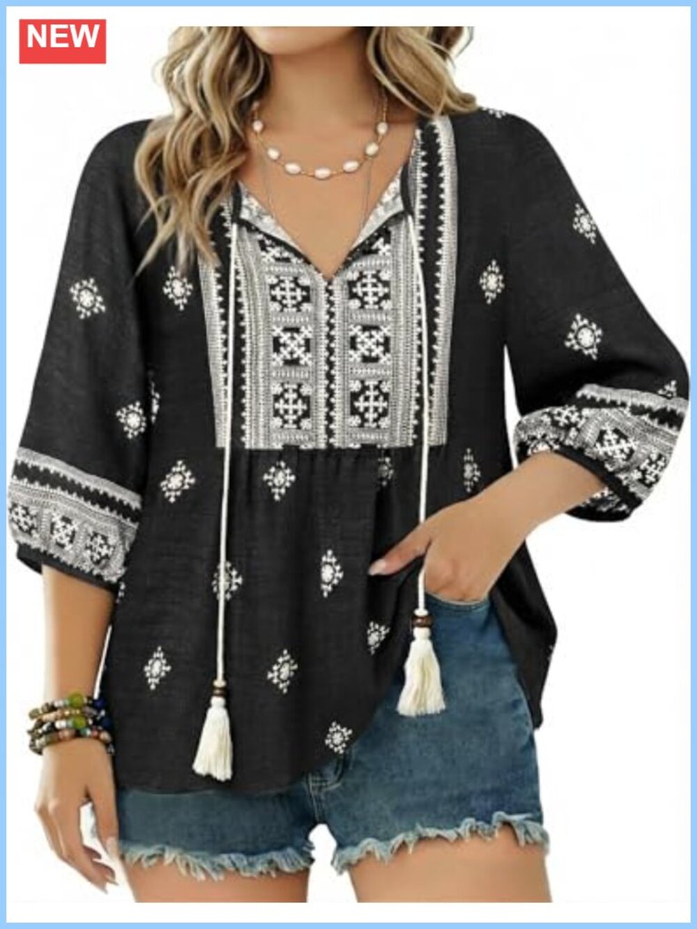 Women's Boho Floral Pleated Flowy Summer Tunic Blouse 3/4 Sleeve V-Neck